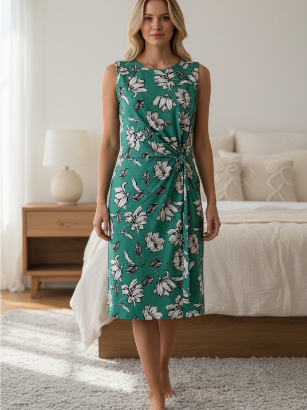 Sleeveless Emerald Green Floral Tie-Detail Midi Dress